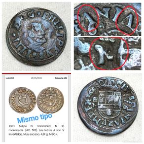 Monete con errori: ⚜️ BBE0 0. MUY ESCASA. 1663. Felipe IV. Valladolid. M. 16 maravedís. (AC. 510). Ver descripción